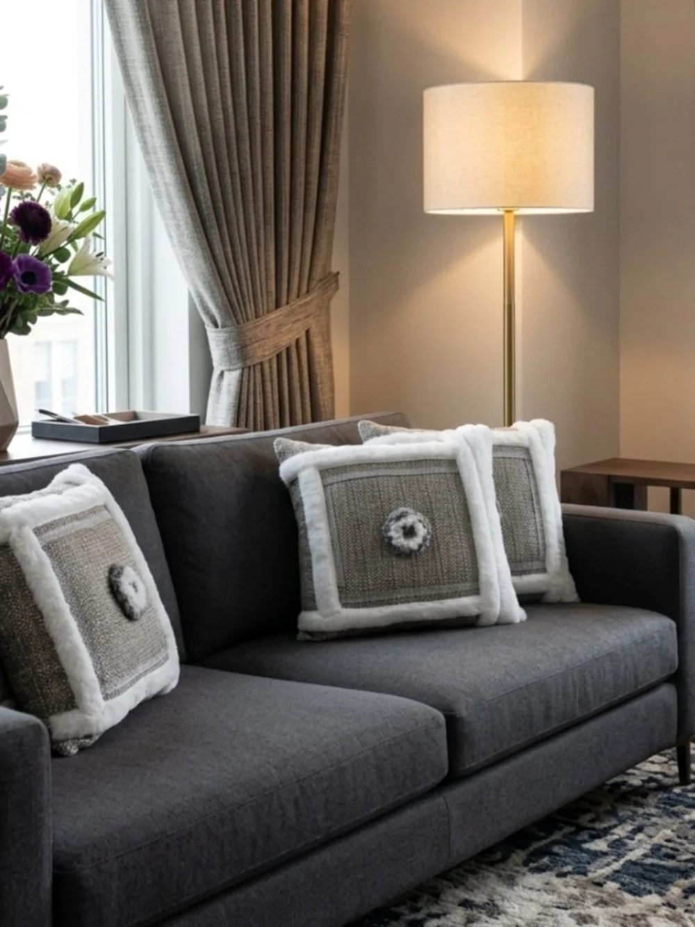 Luxury Tweed Accent cushion cover. 20/20 inch Faux Fur,Grey,ivoryand silver.